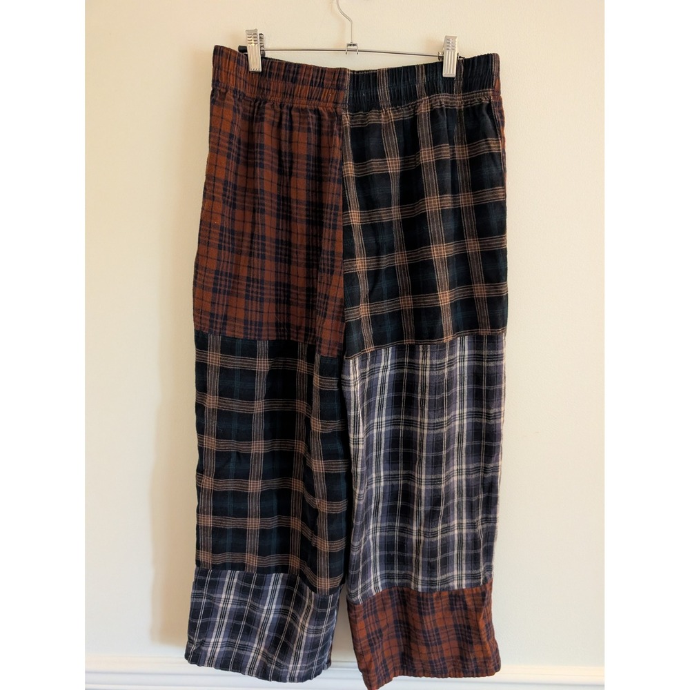Natural Life Devon Patchwork Plaid Pants Brown Navy Multi Flannel Wide Leg Large - Picture 6 of 7